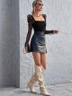 Women's Puff Sleeve Square Neck Mesh Surplice Ruched Bodysuit